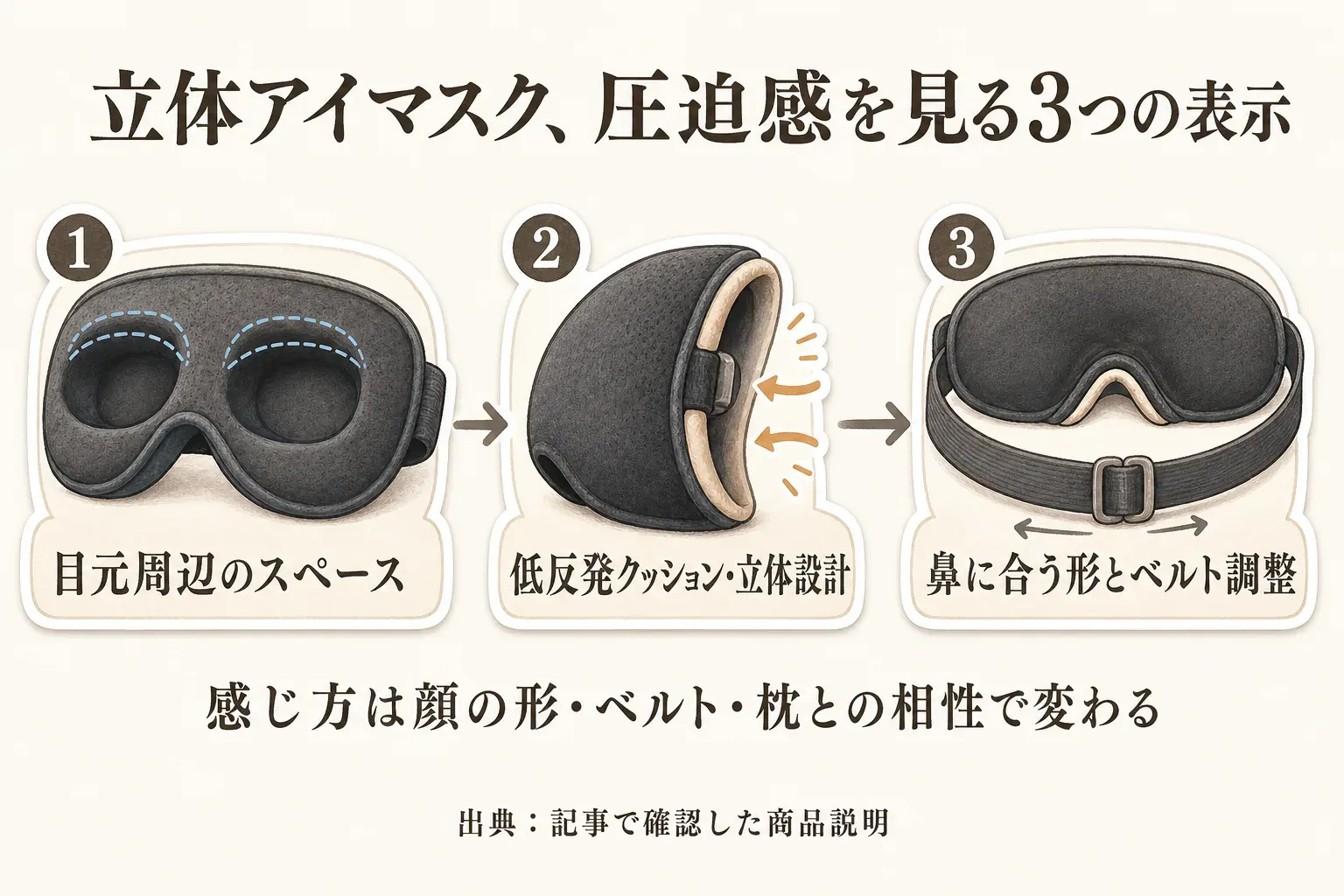 立体アイマスクの圧迫感を確認する3つの表示として、目元周辺のスペース、低反発クッションと立体設計、鼻に合う形とベルト調整を示し、感じ方は顔の形・ベルト・枕との相性で変わると説明した図。出典：記事で確認した商品説明