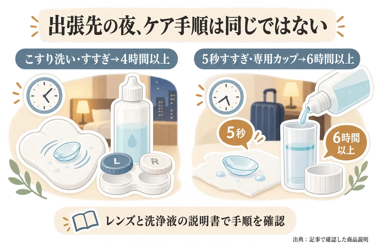 出張先でのソフトコンタクトレンズケアの時間を比べる図。レニューフレッシュは両面のこすり洗い、すすぎ、ケースで4時間以上の放置、クリアケアは専用カップ、5秒のすすぎ、液を内線まで注ぎ6時間以上の消毒・中和という流れを示す。出典：記事で確認した商品説明、PMDA「ソフトコンタクトレンズをケアする時には、なぜレンズのこすり洗いが必要なのですか」