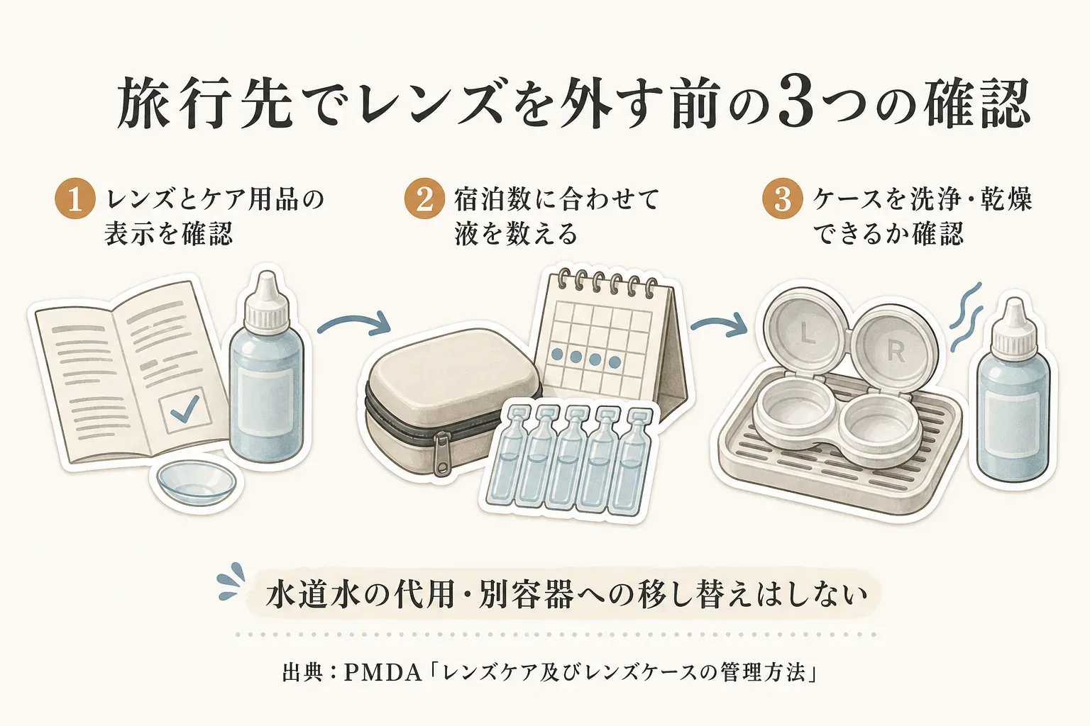 旅行先でレンズを外す前の3つの確認を示す図。1はレンズとケア用品の表示を確認、2は宿泊数に合わせて液を数える、3はケースを洗浄・乾燥できるか確認する手順で、水道水の代用や別容器への移し替えはしないと示している。出典：PMDA「レンズケア及びレンズケースの管理方法」