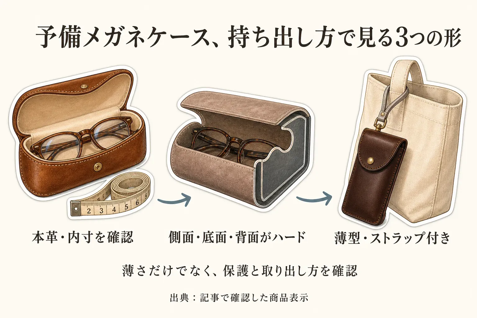 予備メガネ用ケース3種を比べる図。名入れできる牛革ケースは内寸約縦6.0cm×横14.0cm×厚み2.5cm、スエード調のLIMALIは内寸約縦6cm×横15.5cm×厚さ3.5cmで側面・底面・背面がハード設計、ストラップ付き牛本革ケースは約横14.3cm×縦7cm×高さ1.5cmで薄型という特徴を示し、内寸・保護力・取り出しやすさで選ぶことを説明している。出典：記事で確認した商品表示