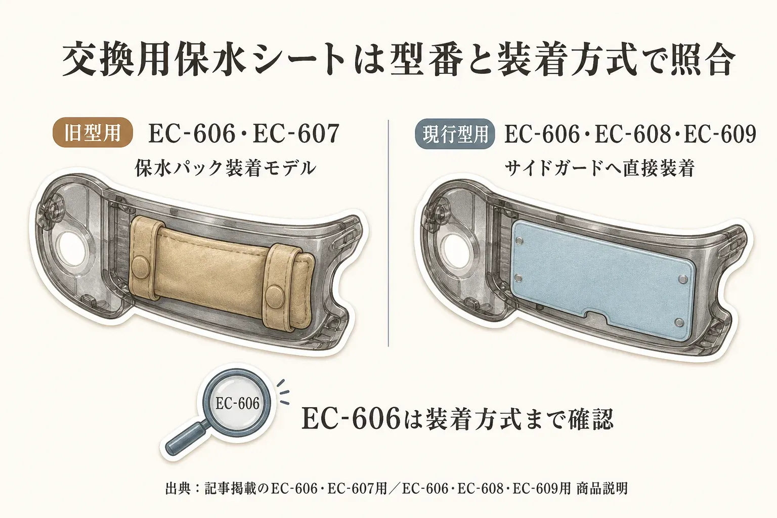 交換用保水シートの対応を、旧型用のEC-606・EC-607（保水パック装着モデル）と、現行型用のEC-606・EC-608・EC-609（サイドガードへ直接装着）に分けた比較図。EC-606は型番だけでなく装着方式も確認する。出典：記事掲載のEC-606・EC-607用およびEC-606・EC-608・EC-609用の商品説明