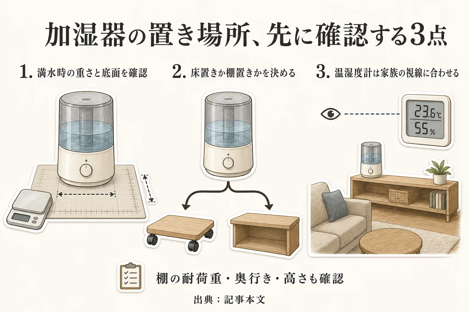 加湿器の置き場所を決める順番として、満水時の重さと底面を確認し、床置きか棚置きかを選び、最後に温湿度計を家族の視線に合わせる3点を示した図。棚置きでは棚の耐荷重・奥行き・高さも確認する。出典：記事本文