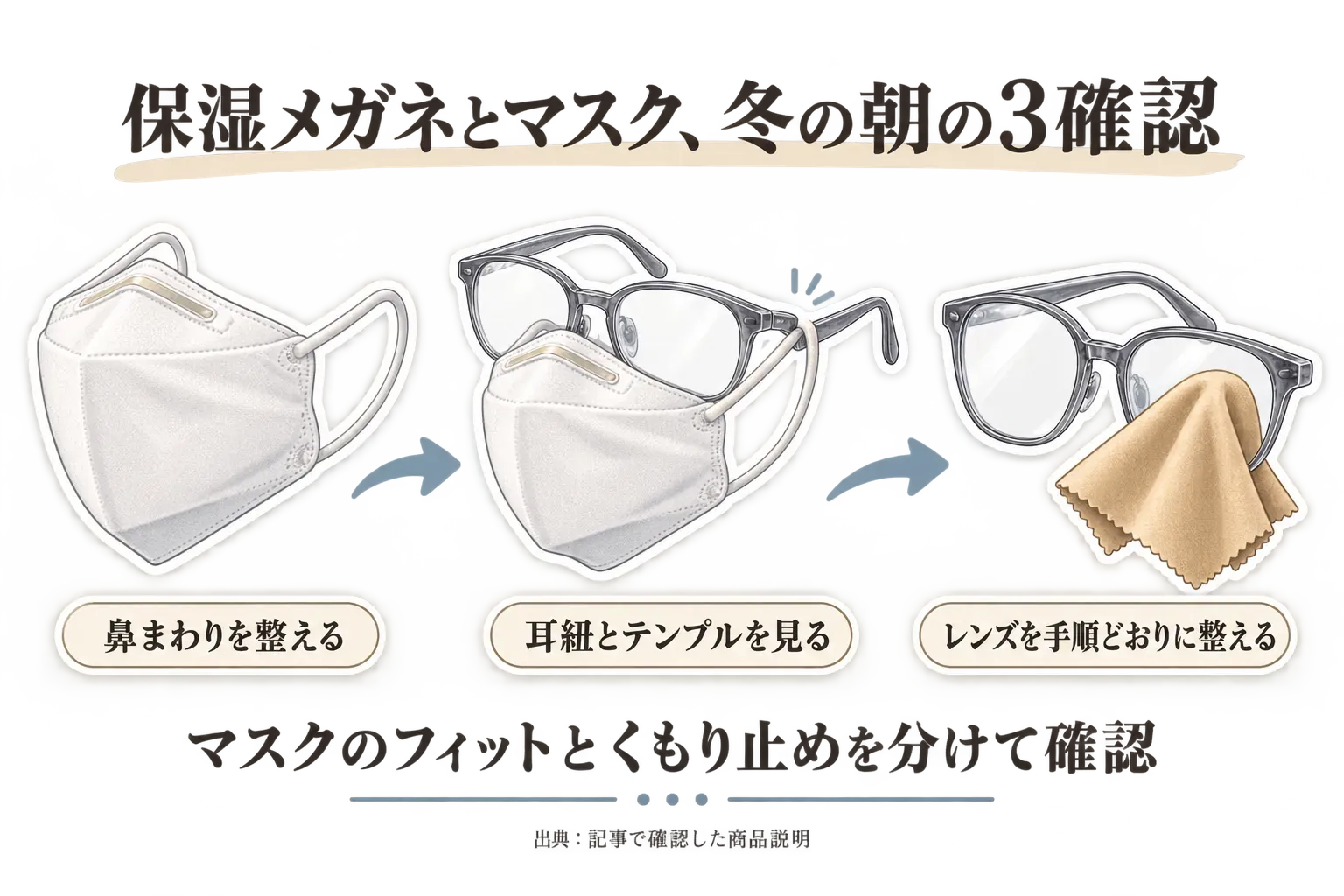 冬の通勤前に保湿メガネとマスクを併用するとき、鼻まわりのフィット、メガネのテンプルと耳紐の重なり、携帯できるレンズくもり止めの順に確認する流れを示す図。