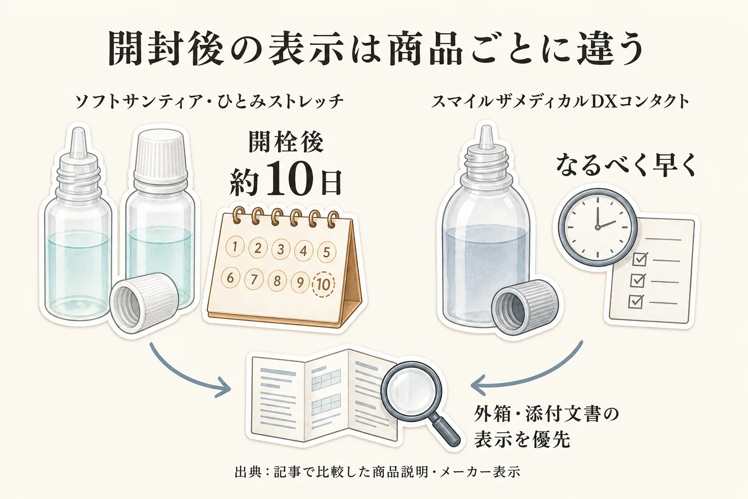 開封後の表示が商品ごとに異なり、ソフトサンティア・ひとみストレッチは開栓後約10日、スマイルザメディカルDXコンタクトはなるべく早く使う表示を示し、外箱・添付文書の表示を優先するよう案内した図。出典：記事で比較した商品説明・メーカー表示