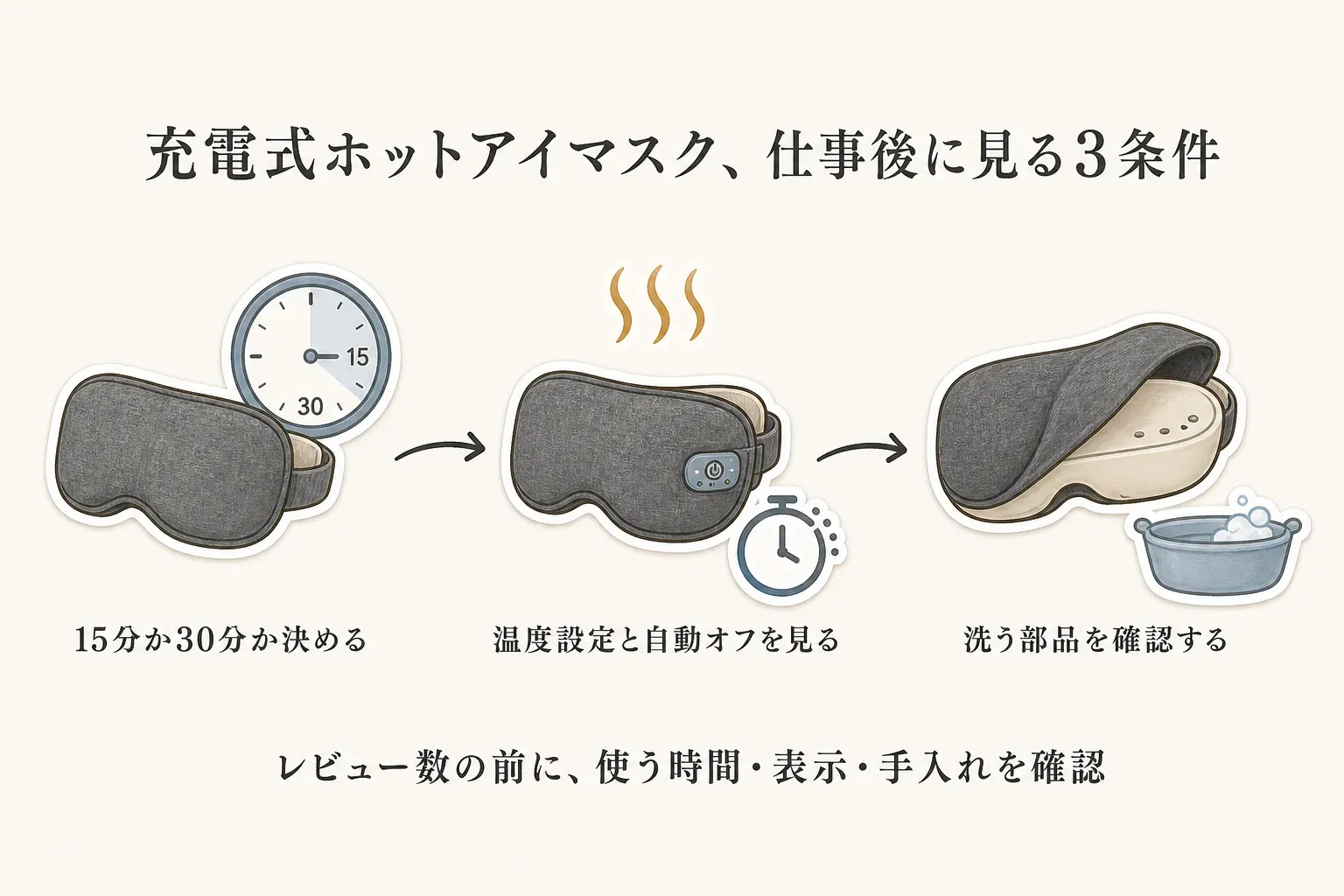 仕事後の短時間利用で確認する条件を、温度設定、自動オフ時間、カバーを外して洗えるか・発熱シートを外して洗うかの順に整理した図